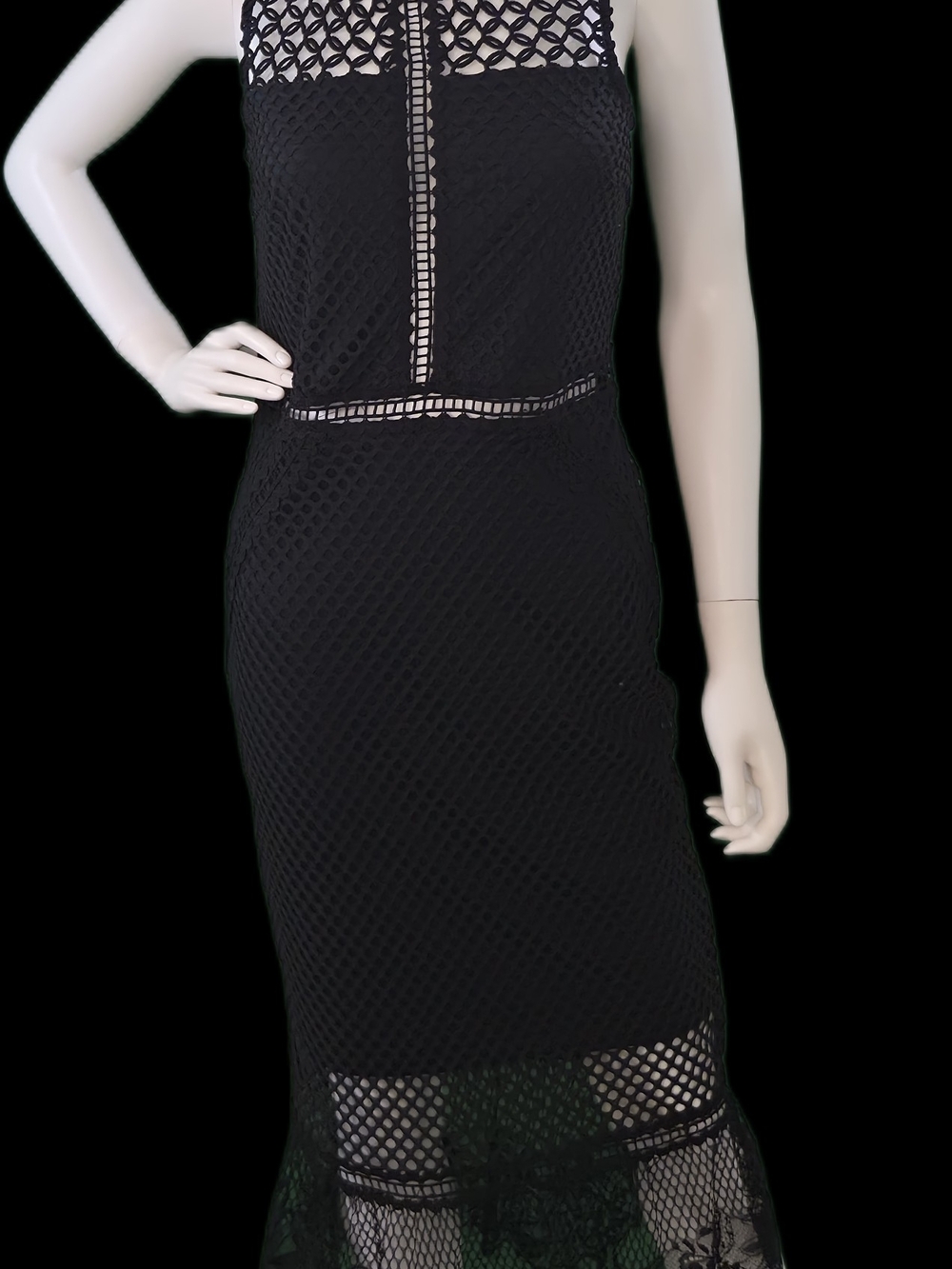 Romeo & Juliet Couture Black/Blue Mesh Midi Dress with Lace Trim